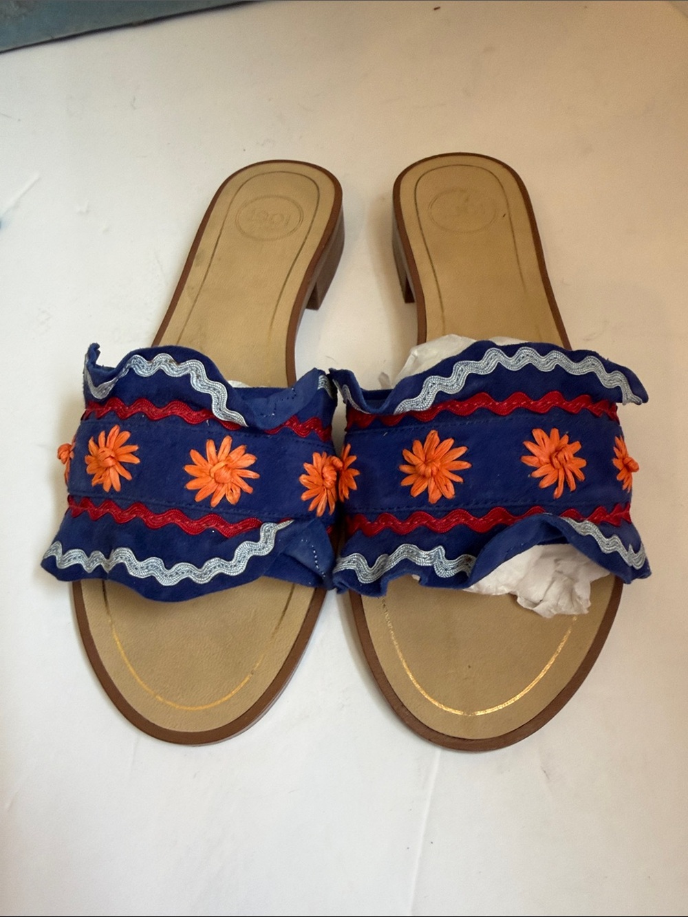 1901 Blue Embroidered Slide Sandals with Orange Floral Accents Size 6